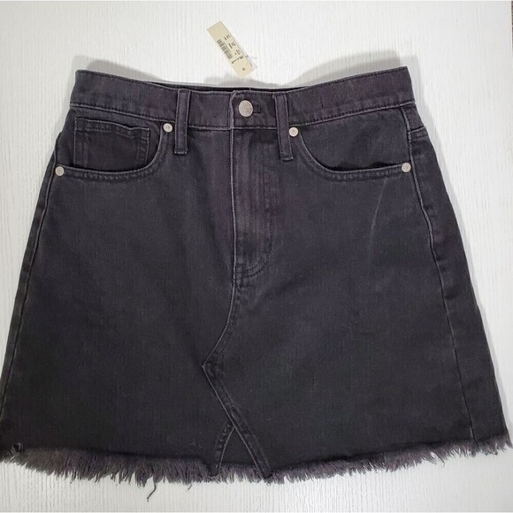 Madewell A Line Raw Hem Notched Cutout Black Denim Jean Mini Skirt Size 26 - Picture 11 of 16